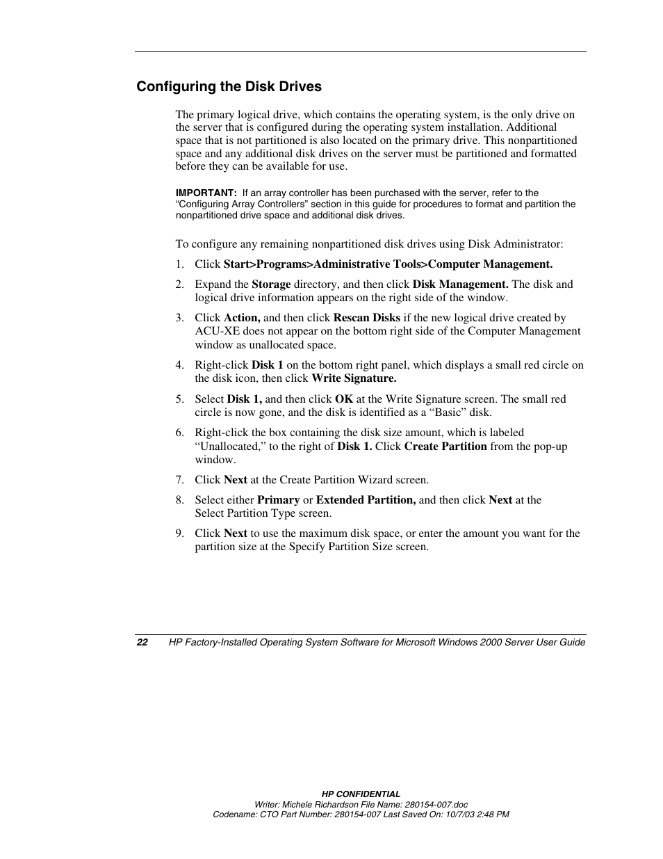 Configuring the disk drives | HP ProLiant BL10e G2 Server Blade User Manual | Page 22 / 30