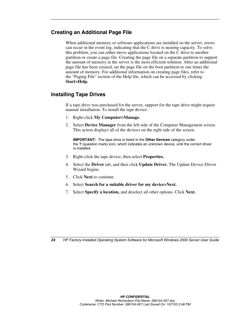 Installing tape drives, Creating an additional page file | HP ProLiant BL10e G2 Server Blade User Manual | Page 24 / 30