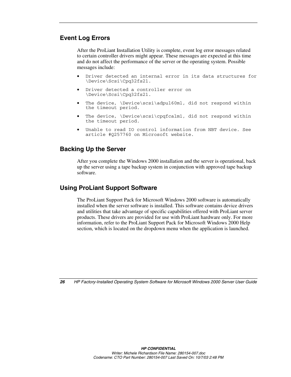 Event log errors, Backing up the server, Using proliant support software | HP ProLiant BL10e G2 Server Blade User Manual | Page 26 / 30