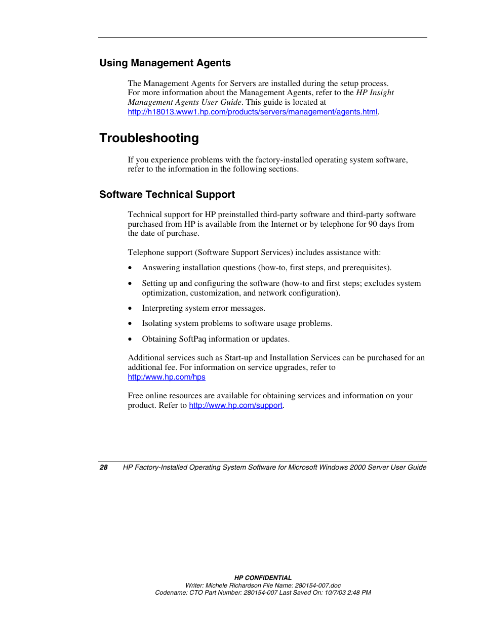 Using management agents, Troubleshooting, Software technical support | HP ProLiant BL10e G2 Server Blade User Manual | Page 28 / 30