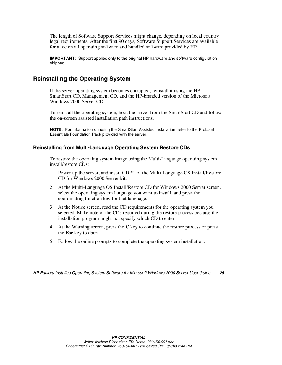 Reinstalling the operating system | HP ProLiant BL10e G2 Server Blade User Manual | Page 29 / 30