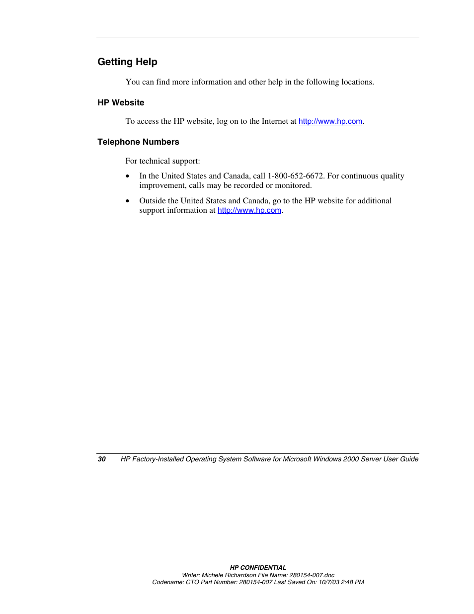Getting help, Hp website, Telephone numbers | HP ProLiant BL10e G2 Server Blade User Manual | Page 30 / 30
