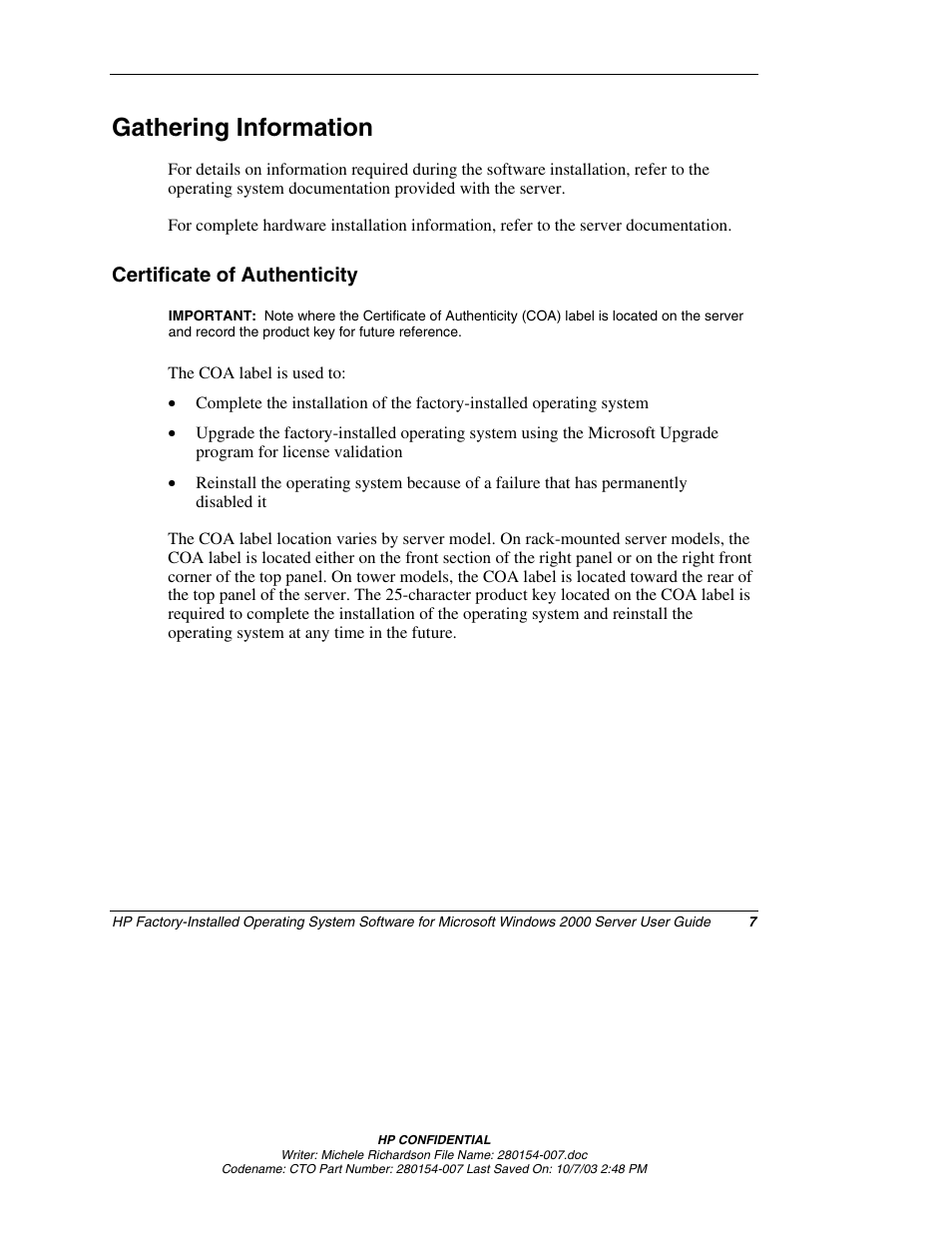 Gathering information, Certificate of authenticity | HP ProLiant BL10e G2 Server Blade User Manual | Page 7 / 30
