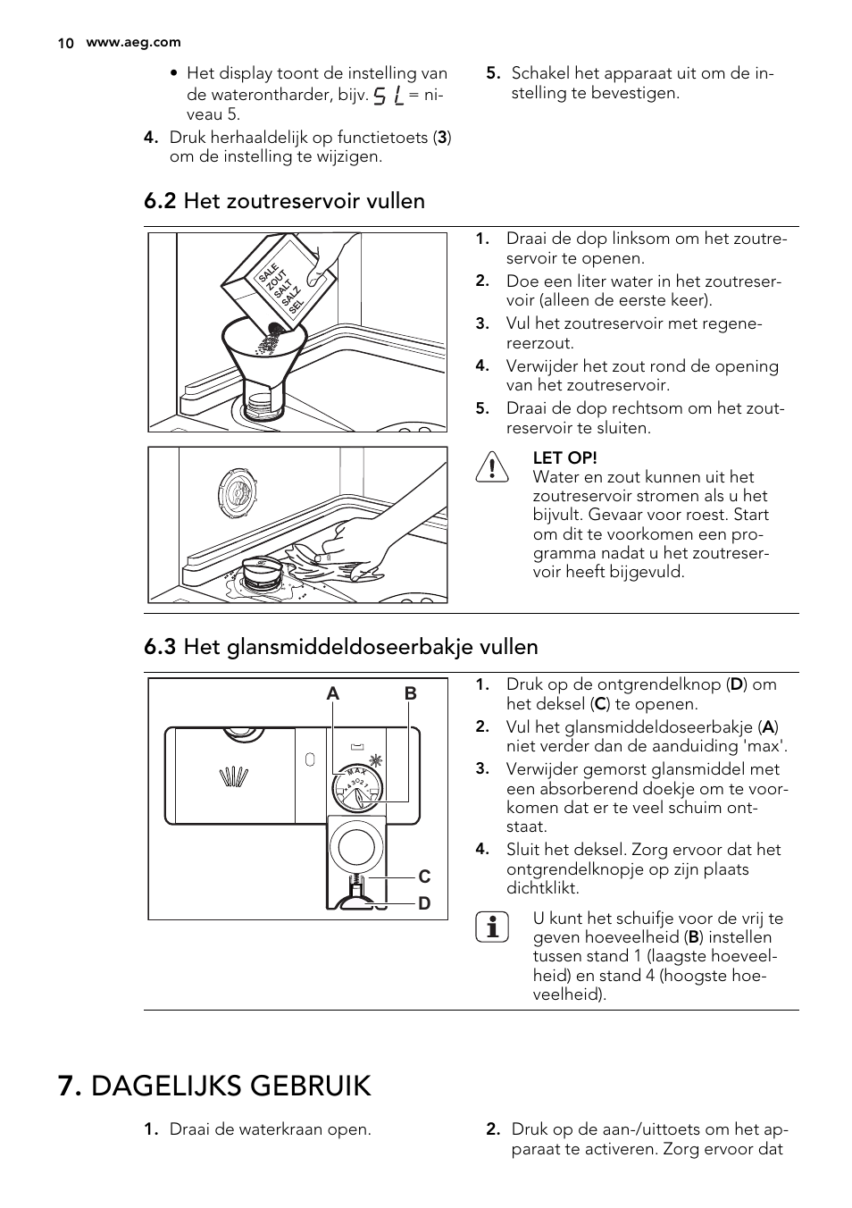 Dagelijks gebruik, 2 het zoutreservoir vullen, 3 het glansmiddeldoseerbakje vullen | AEG F65000VI1P User Manual | Page 10 / 68