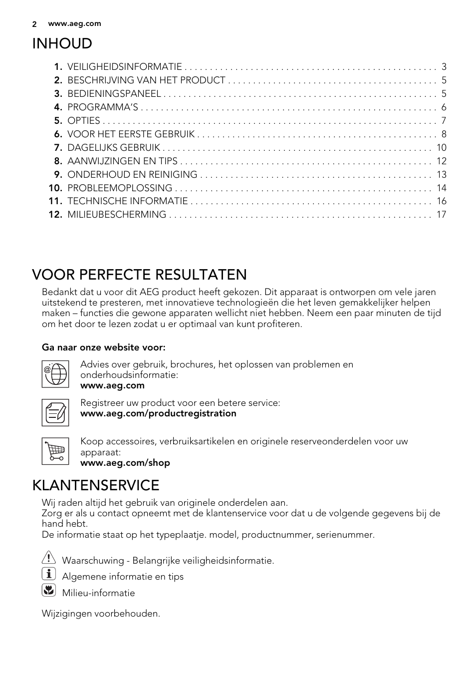 Inhoud, Voor perfecte resultaten, Klantenservice | AEG F65000VI1P User Manual | Page 2 / 68