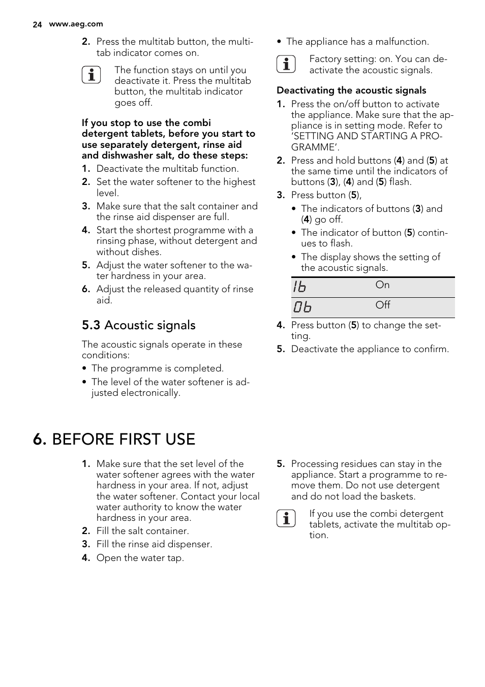 Before first use, 3 acoustic signals | AEG F65000VI1P User Manual | Page 24 / 68