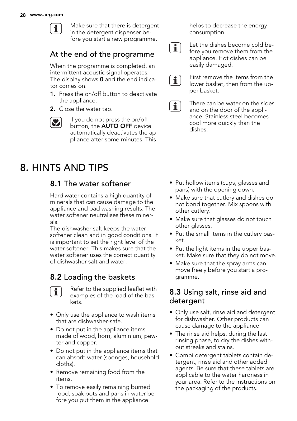 Hints and tips, At the end of the programme, 1 the water softener | 2 loading the baskets, 3 using salt, rinse aid and detergent | AEG F65000VI1P User Manual | Page 28 / 68