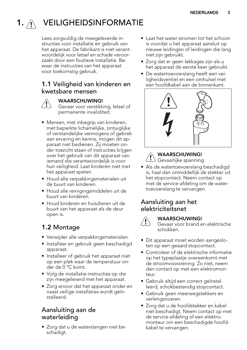 Veiligheidsinformatie, 1 veiligheid van kinderen en kwetsbare mensen, 2 montage | Aansluiting aan de waterleiding, Aansluiting aan het elektriciteitsnet | AEG F65000VI1P User Manual | Page 3 / 68
