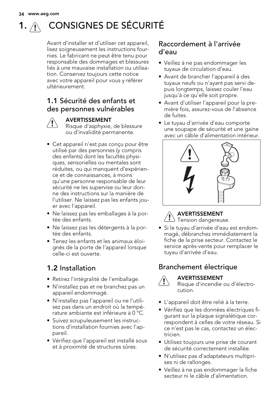 Consignes de sécurité, 2 installation, Raccordement à l'arrivée d'eau | Branchement électrique | AEG F65000VI1P User Manual | Page 34 / 68