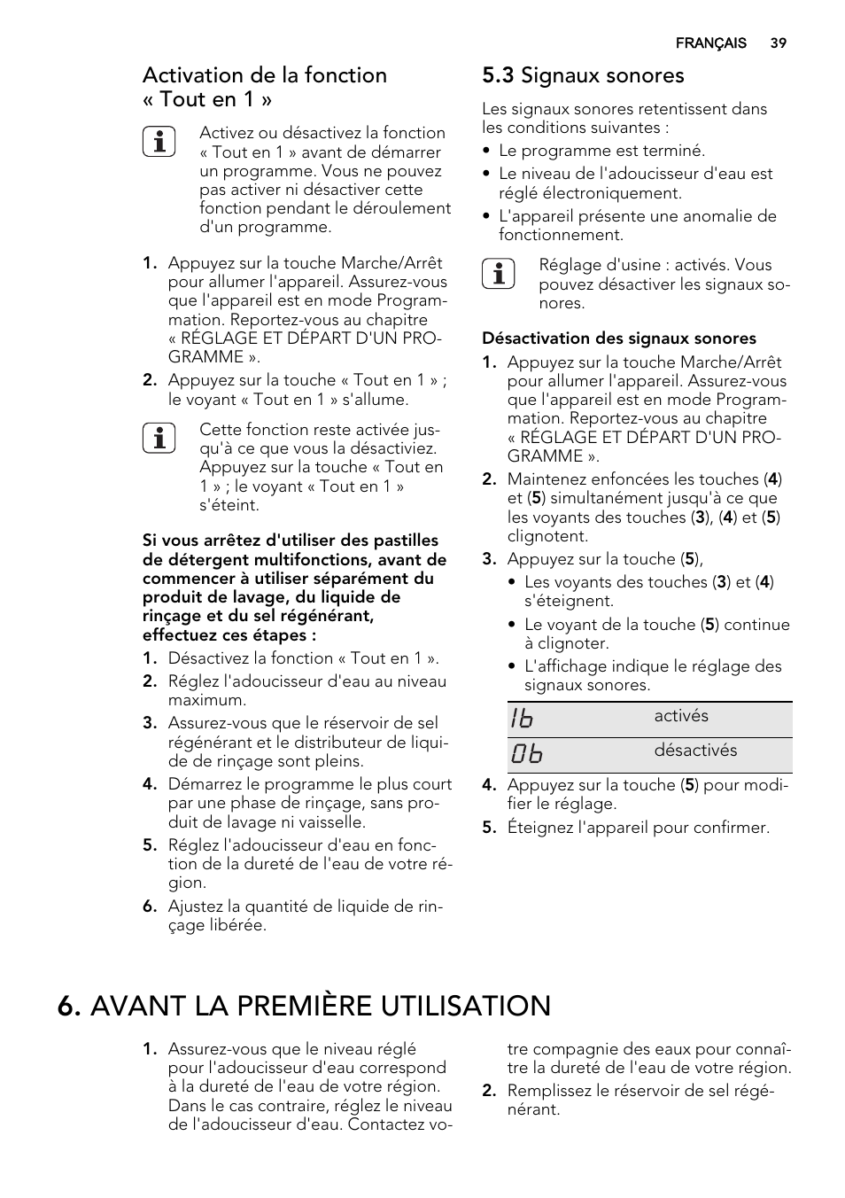 Avant la première utilisation, Activation de la fonction « tout en 1, 3 signaux sonores | AEG F65000VI1P User Manual | Page 39 / 68