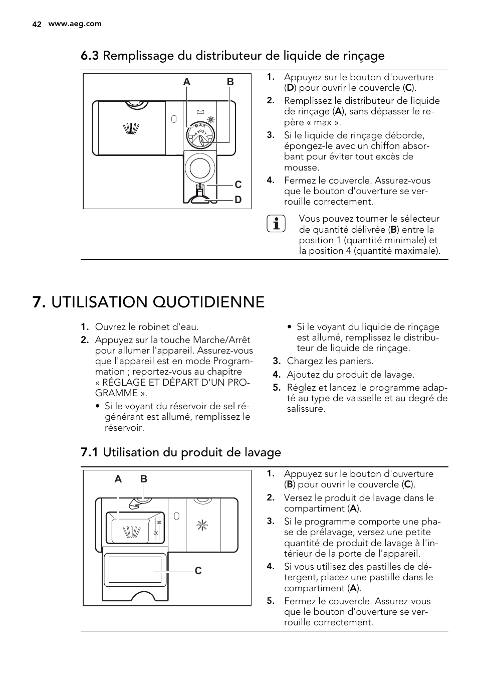 Utilisation quotidienne, 1 utilisation du produit de lavage, Ab d c | Ab c | AEG F65000VI1P User Manual | Page 42 / 68