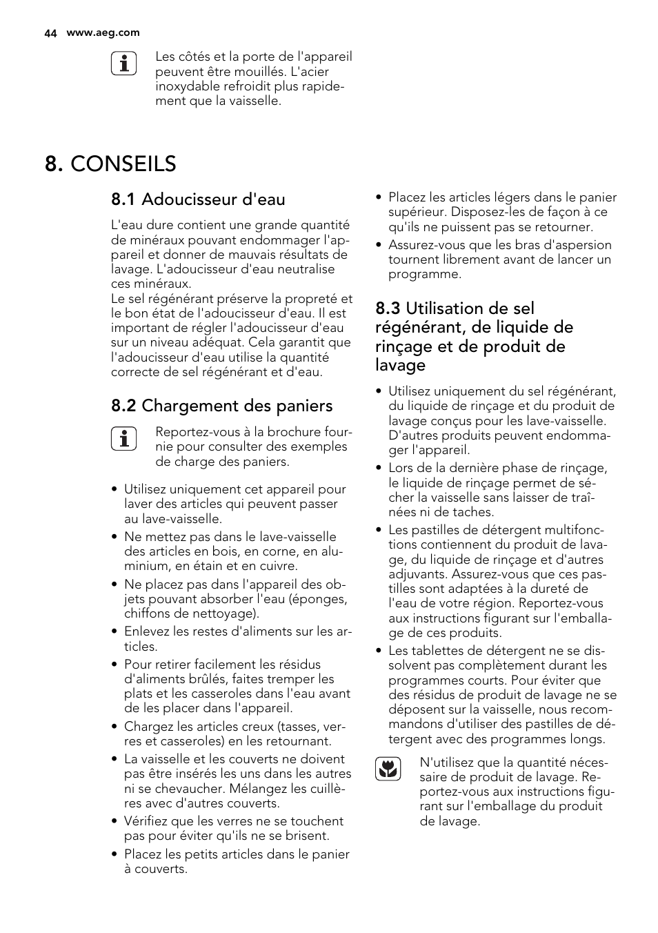 Conseils, 1 adoucisseur d'eau, 2 chargement des paniers | AEG F65000VI1P User Manual | Page 44 / 68