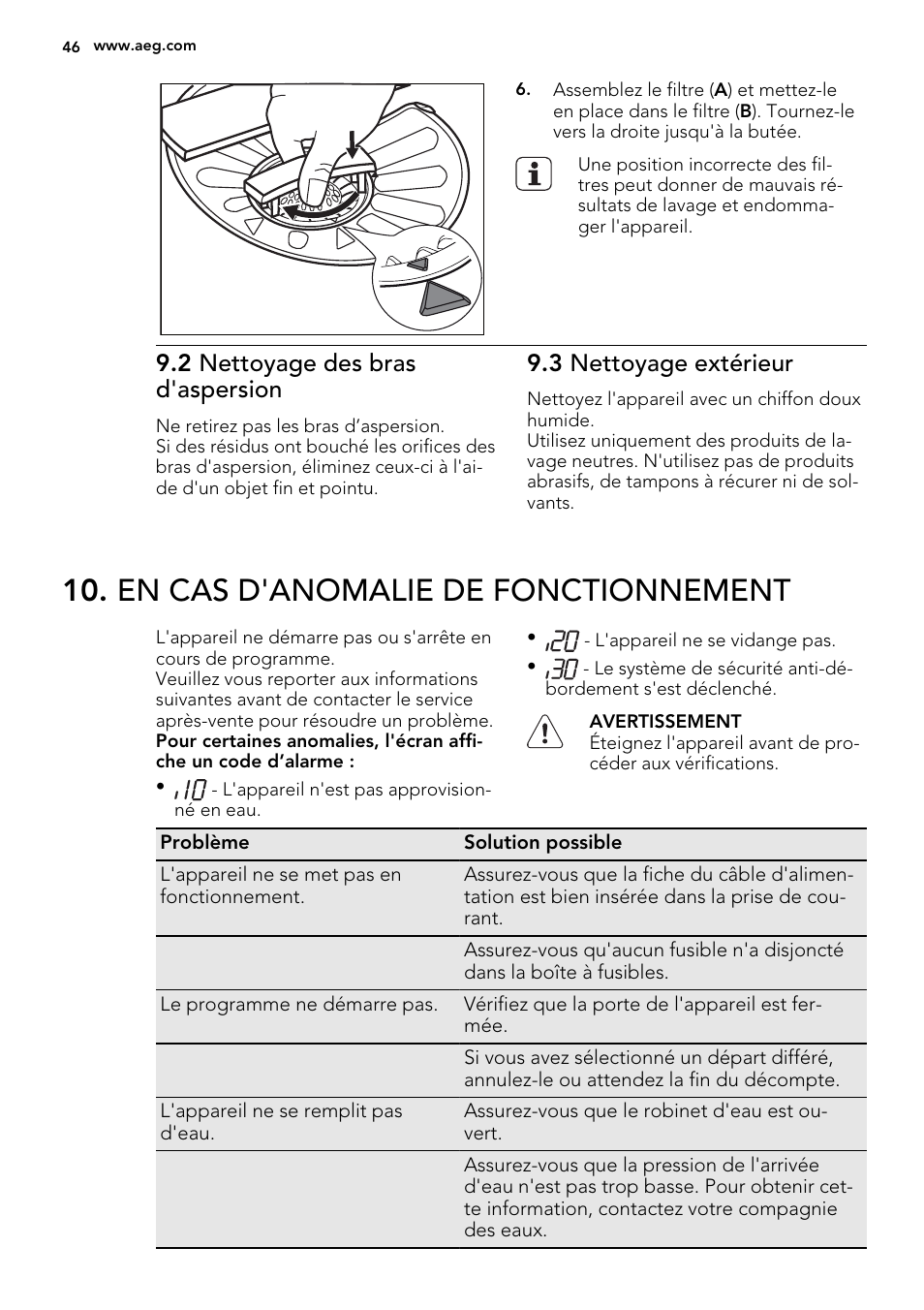 En cas d'anomalie de fonctionnement, 2 nettoyage des bras d'aspersion, 3 nettoyage extérieur | AEG F65000VI1P User Manual | Page 46 / 68