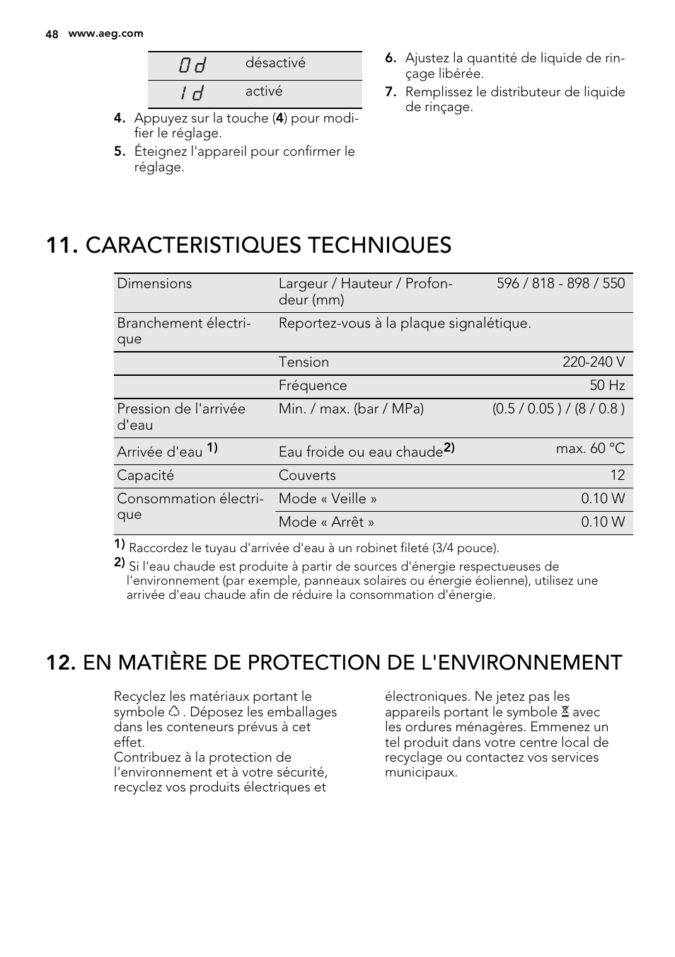 Caracteristiques techniques, En matière de protection de l'environnement | AEG F65000VI1P User Manual | Page 48 / 68