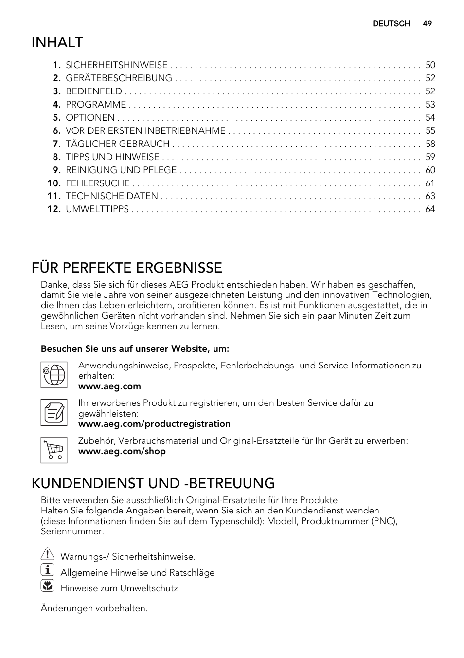 Inhalt, Für perfekte ergebnisse, Kundendienst und -betreuung | AEG F65000VI1P User Manual | Page 49 / 68