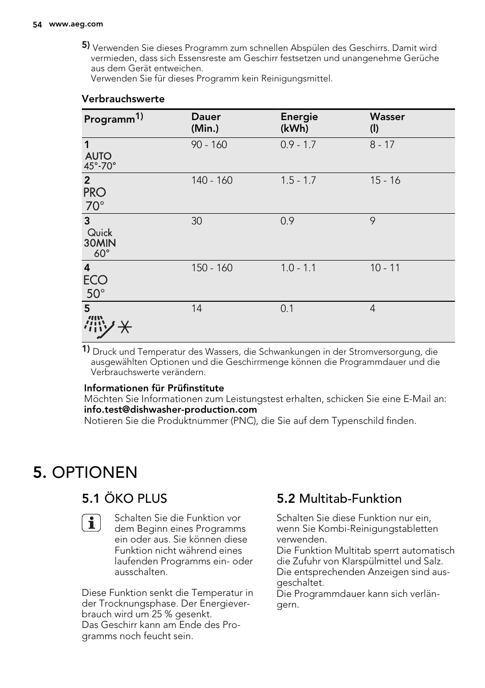 Optionen, 1 öko plus, 2 multitab-funktion | AEG F65000VI1P User Manual | Page 54 / 68