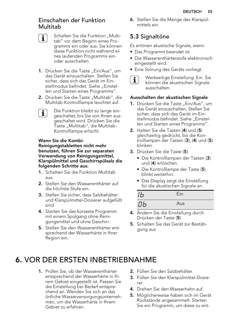Vor der ersten inbetriebnahme, Einschalten der funktion multitab, 3 signaltöne | AEG F65000VI1P User Manual | Page 55 / 68