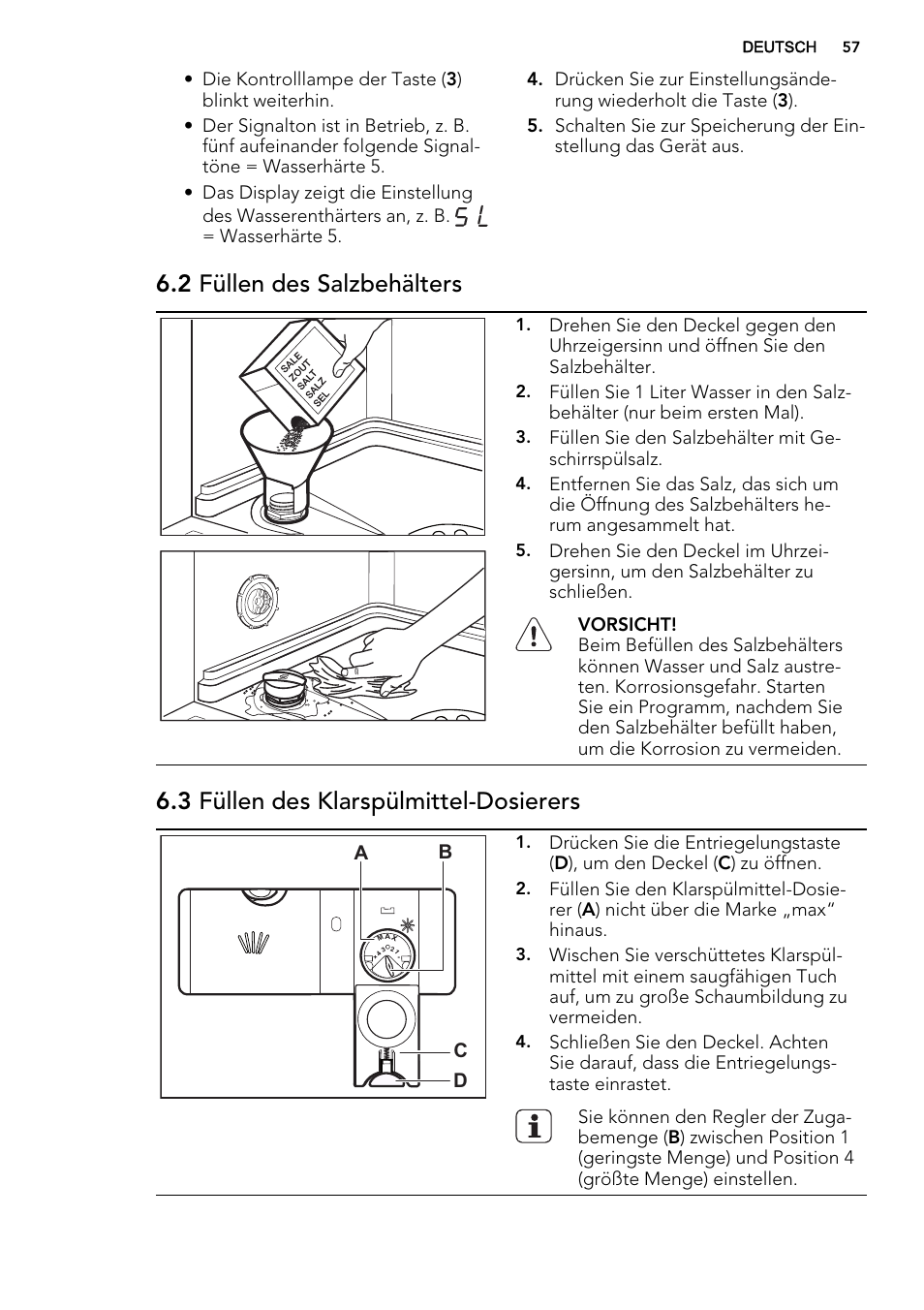 2 füllen des salzbehälters, 3 füllen des klarspülmittel-dosierers | AEG F65000VI1P User Manual | Page 57 / 68