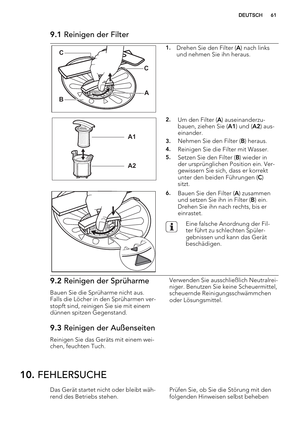 Fehlersuche, 1 reinigen der filter, 2 reinigen der sprüharme | 3 reinigen der außenseiten | AEG F65000VI1P User Manual | Page 61 / 68