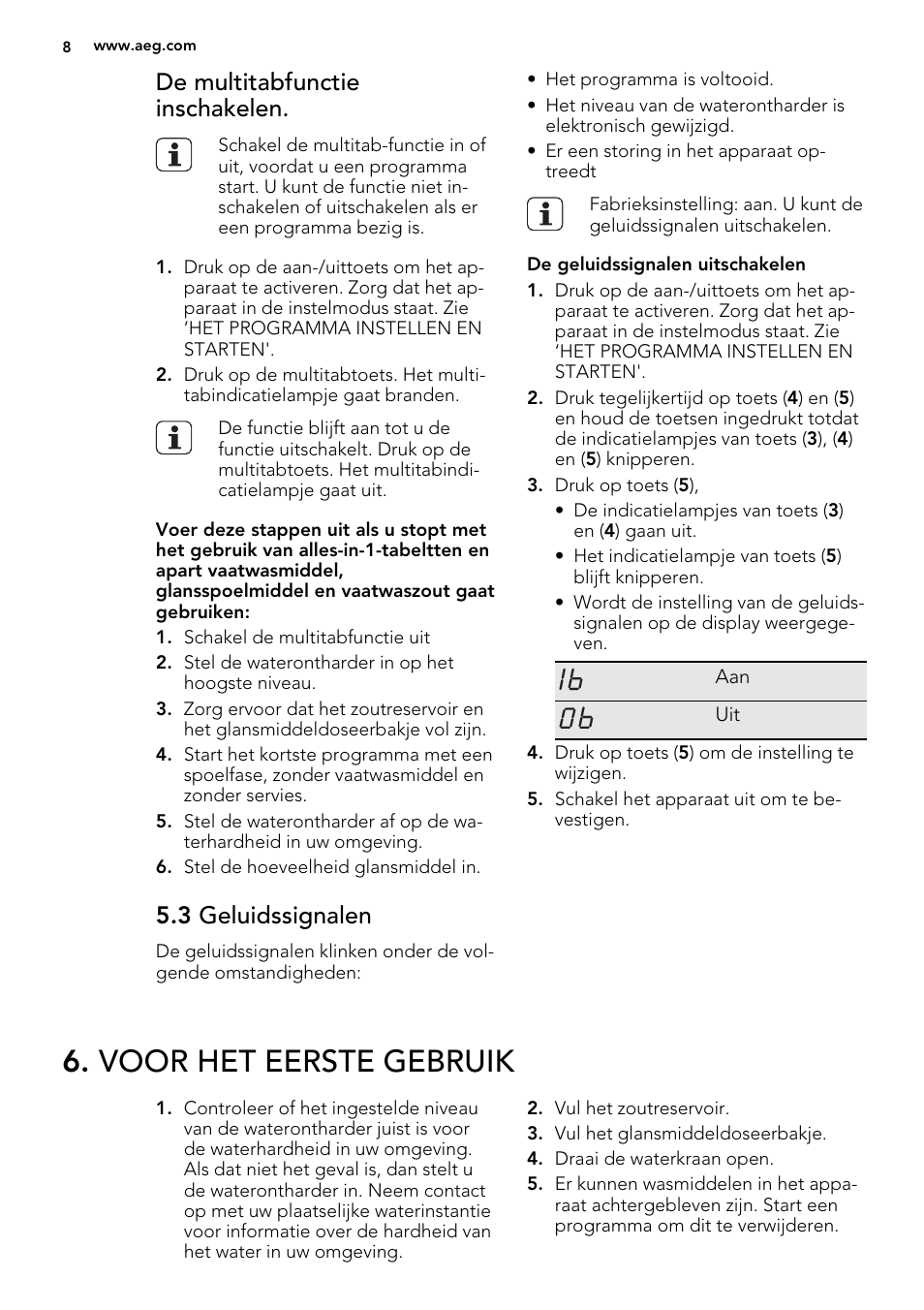 Voor het eerste gebruik, De multitabfunctie inschakelen, 3 geluidssignalen | AEG F65000VI1P User Manual | Page 8 / 68