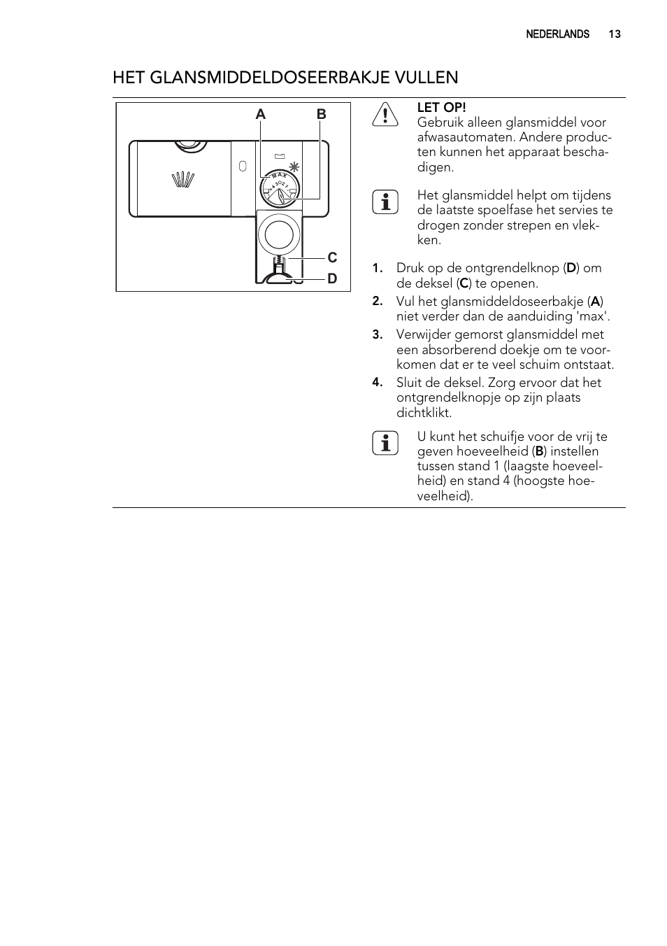 Het glansmiddeldoseerbakje vullen, Ab d c | AEG F65050VI1P User Manual | Page 13 / 88