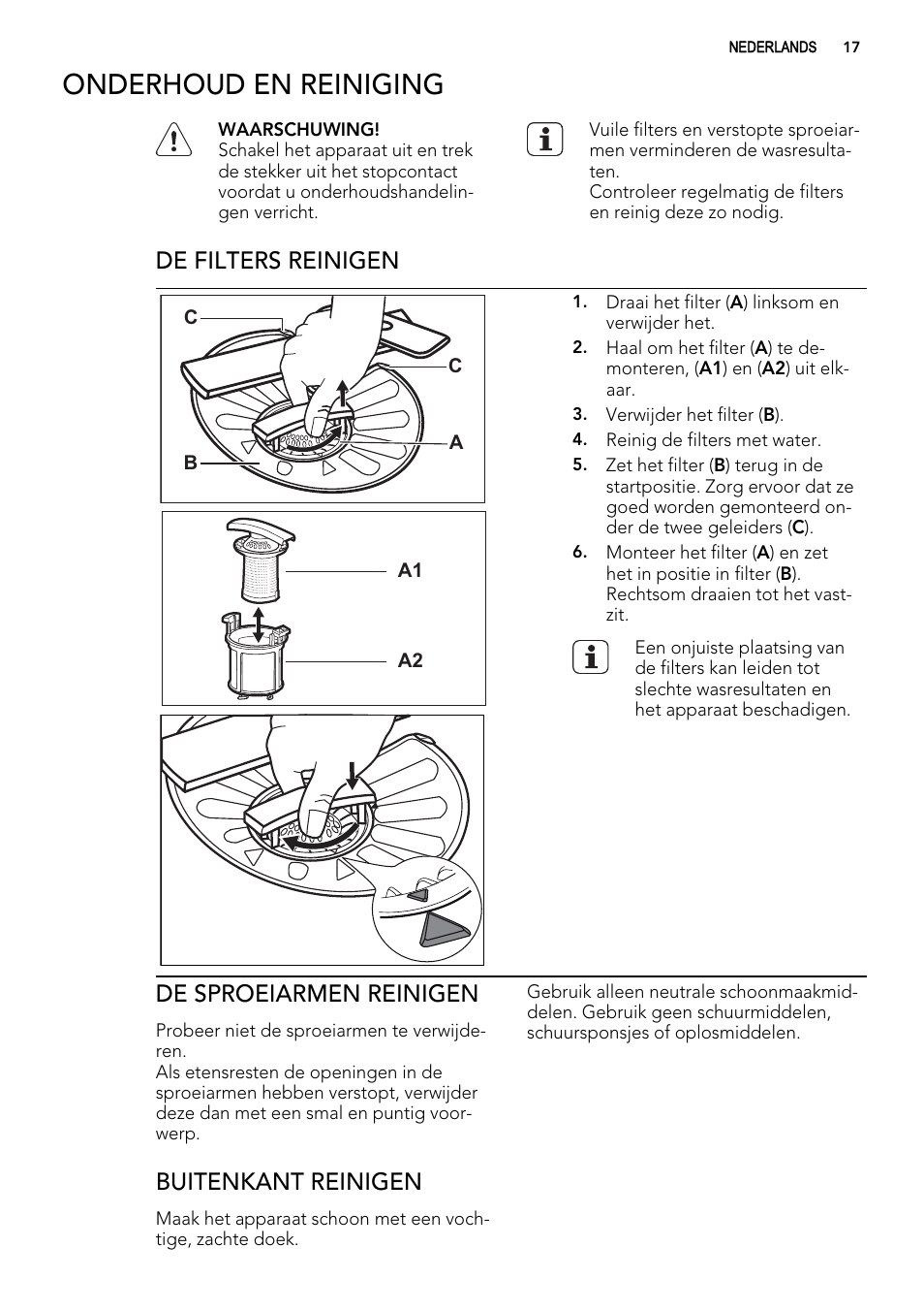 Onderhoud en reiniging, De filters reinigen, De sproeiarmen reinigen | Buitenkant reinigen | AEG F65050VI1P User Manual | Page 17 / 88