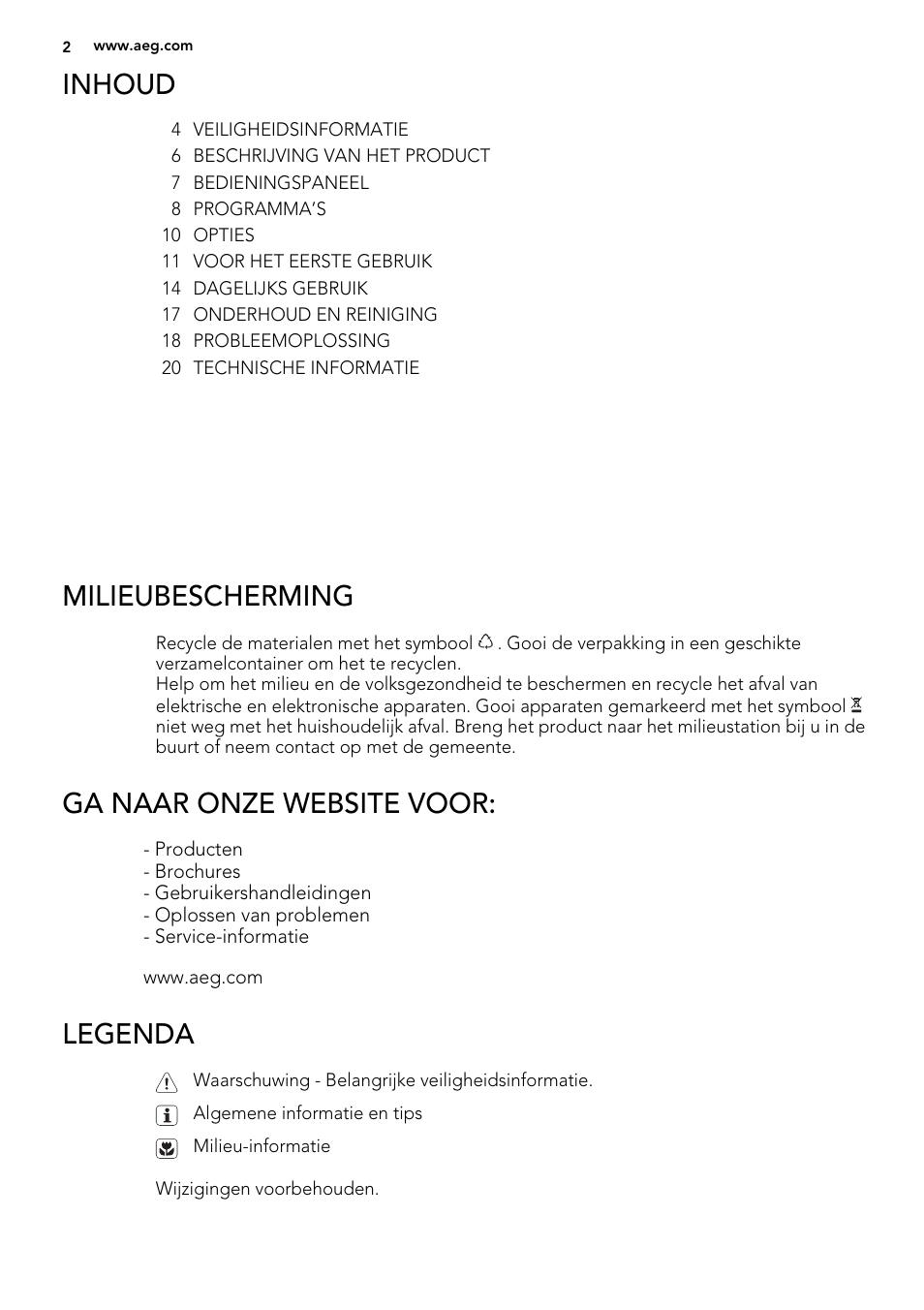 Inhoud, Milieubescherming, Ga naar onze website voor | Legenda | AEG F65050VI1P User Manual | Page 2 / 88