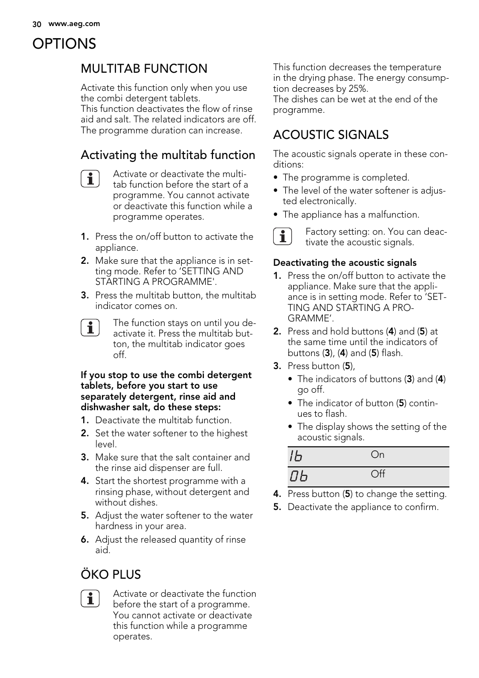 Options, Multitab function, Activating the multitab function | Öko plus, Acoustic signals | AEG F65050VI1P User Manual | Page 30 / 88
