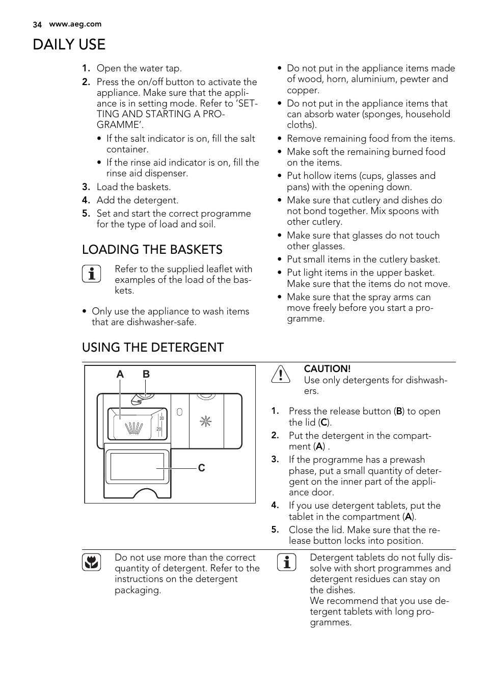 Daily use, Loading the baskets, Using the detergent | AEG F65050VI1P User Manual | Page 34 / 88