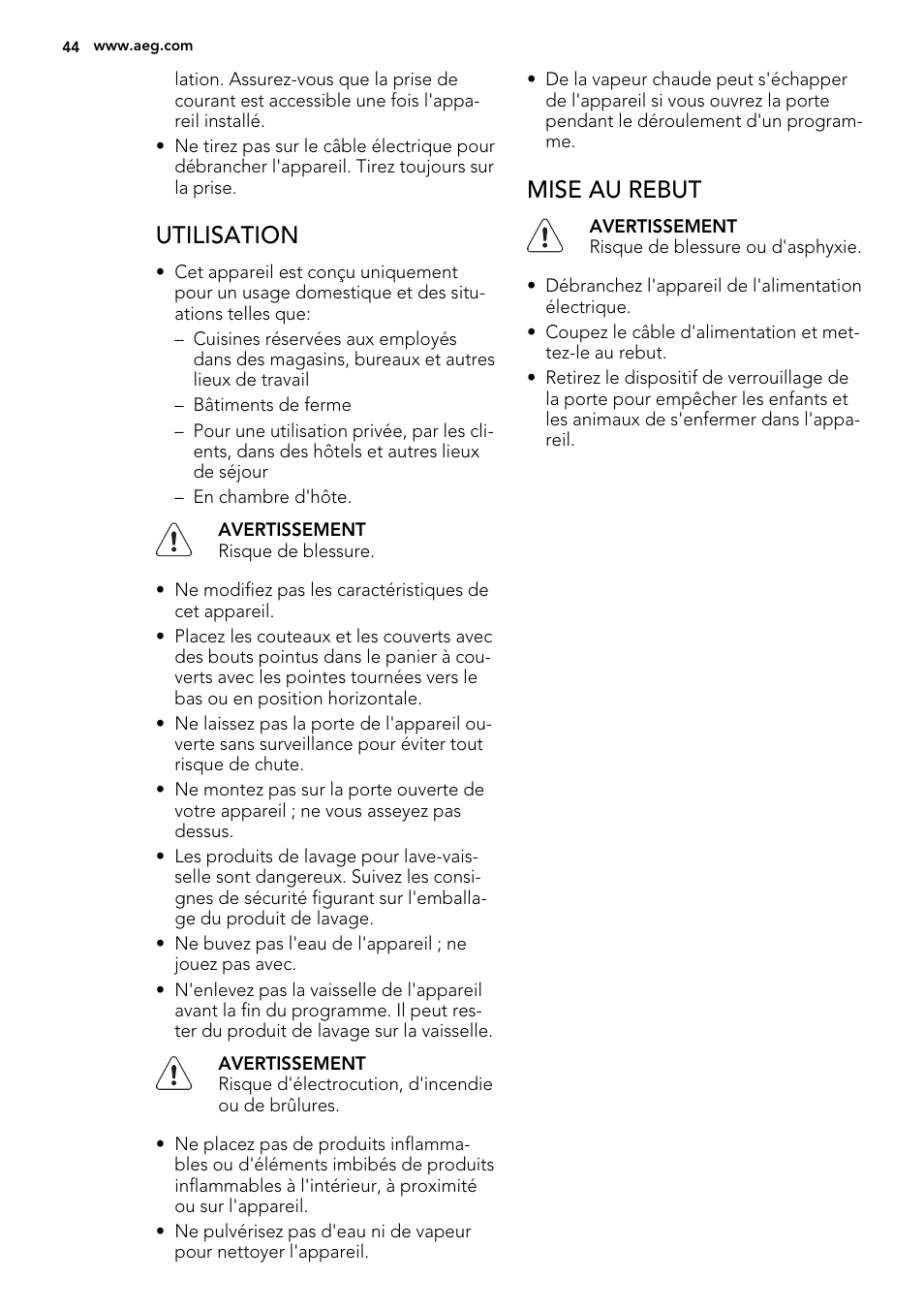 Utilisation, Mise au rebut | AEG F65050VI1P User Manual | Page 44 / 88