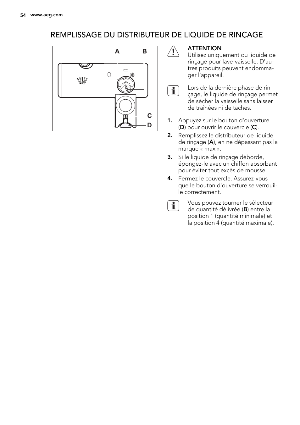 Remplissage du distributeur de liquide de rinçage, Ab d c | AEG F65050VI1P User Manual | Page 54 / 88