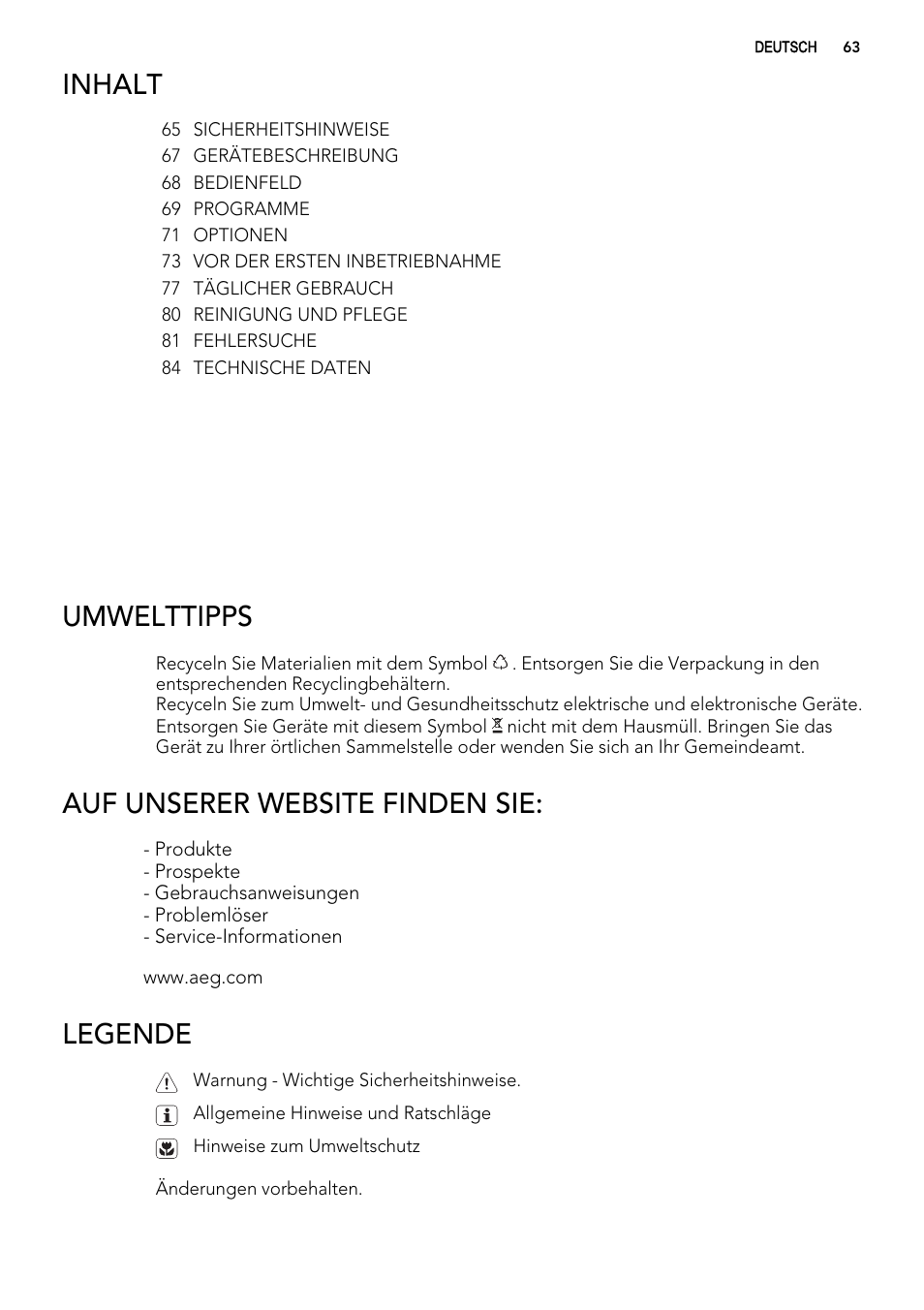 Inhalt, Umwelttipps, Auf unserer website finden sie | Legende | AEG F65050VI1P User Manual | Page 63 / 88