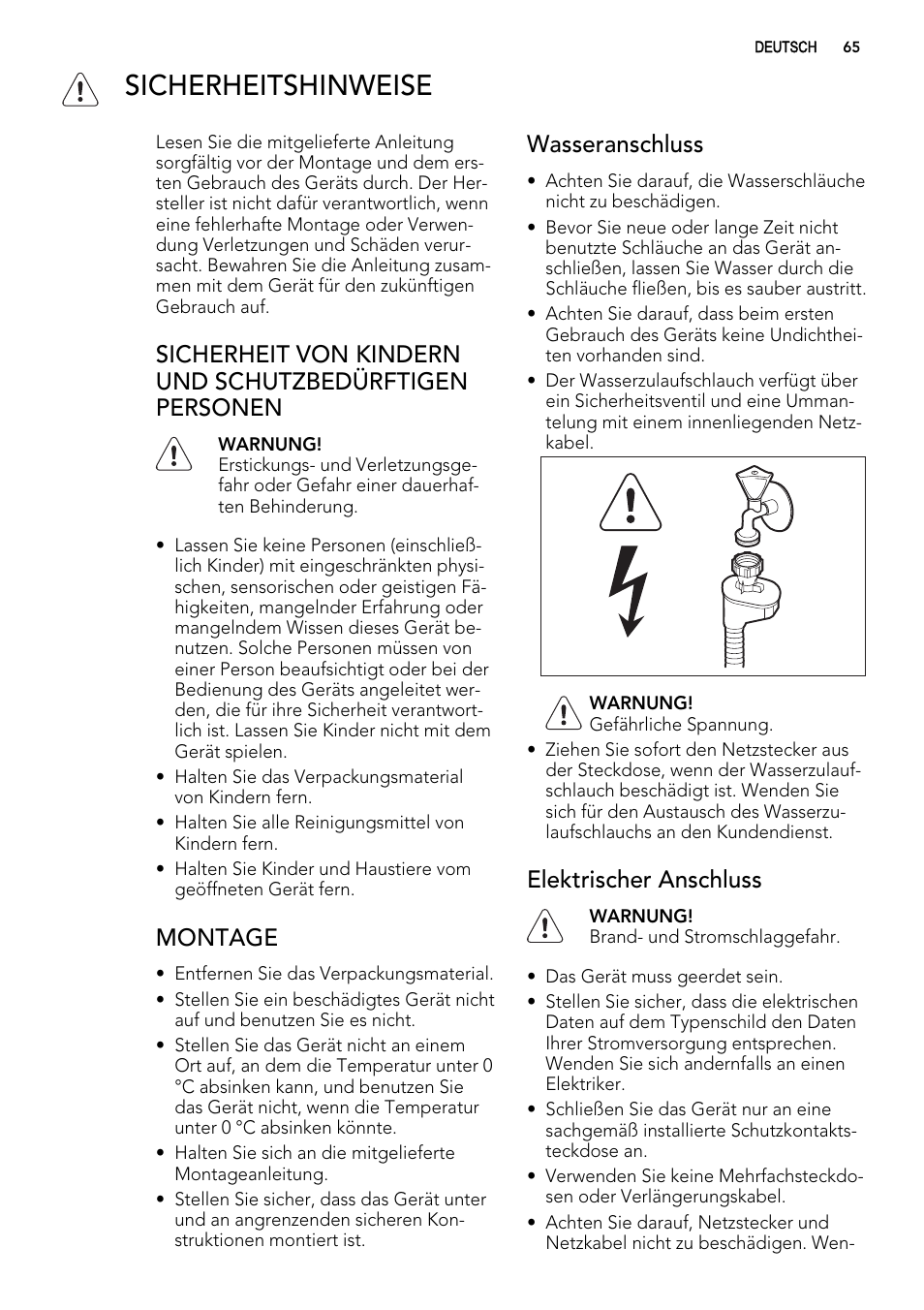 Sicherheitshinweise, Montage, Wasseranschluss | Elektrischer anschluss | AEG F65050VI1P User Manual | Page 65 / 88