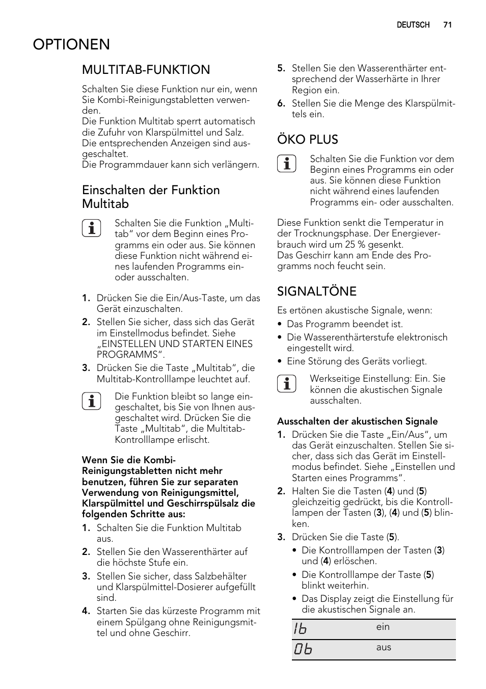 Optionen, Multitab-funktion, Einschalten der funktion multitab | Öko plus, Signaltöne | AEG F65050VI1P User Manual | Page 71 / 88