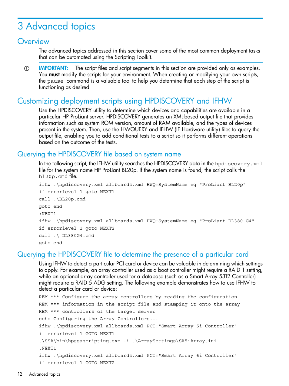 3 advanced topics, Overview, Querying the hpdiscovery file based on system name | HP Scripting Toolkit for Windows 9.60 User Manual | Page 12 / 62