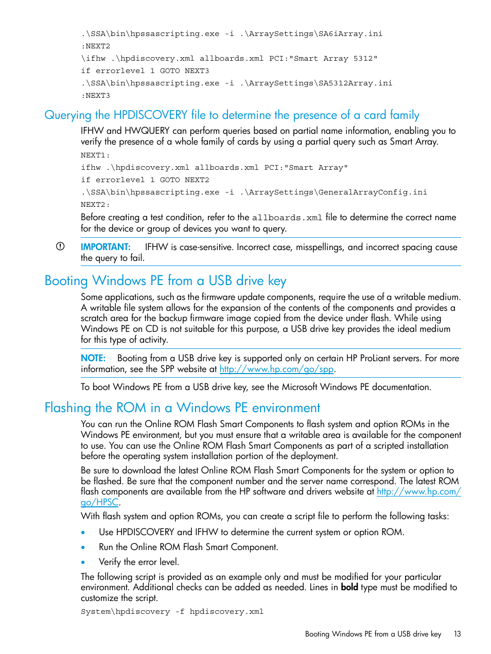 Booting windows pe from a usb drive key, Flashing the rom in a windows pe environment | HP Scripting Toolkit for Windows 9.60 User Manual | Page 13 / 62