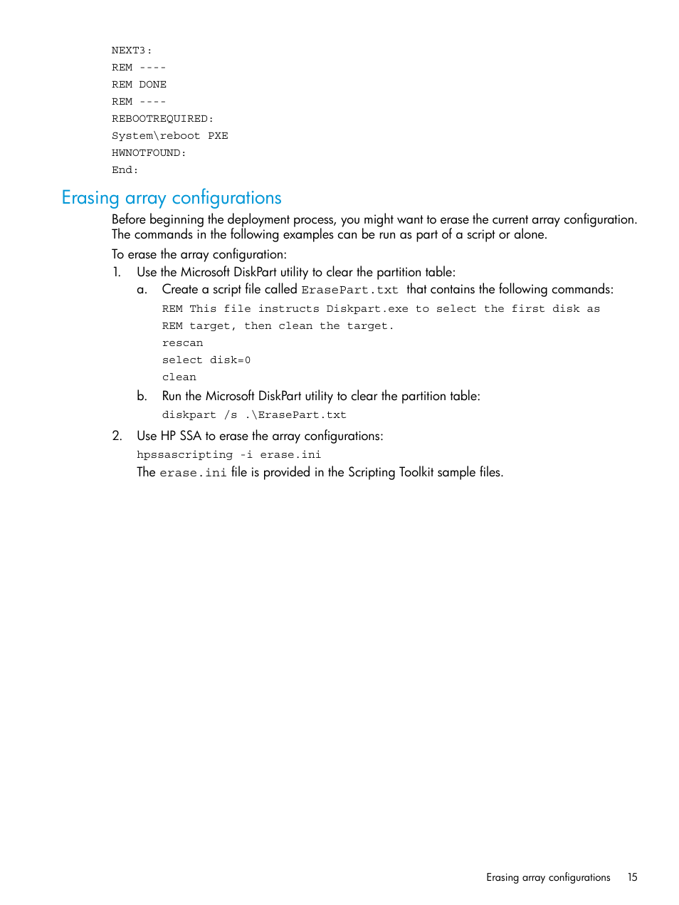 Erasing array configurations | HP Scripting Toolkit for Windows 9.60 User Manual | Page 15 / 62