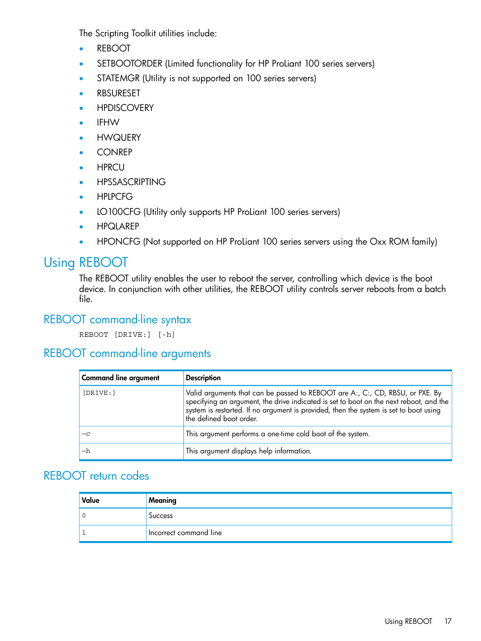 Using reboot, Reboot command-line syntax, Reboot command-line arguments | Reboot return codes | HP Scripting Toolkit for Windows 9.60 User Manual | Page 17 / 62