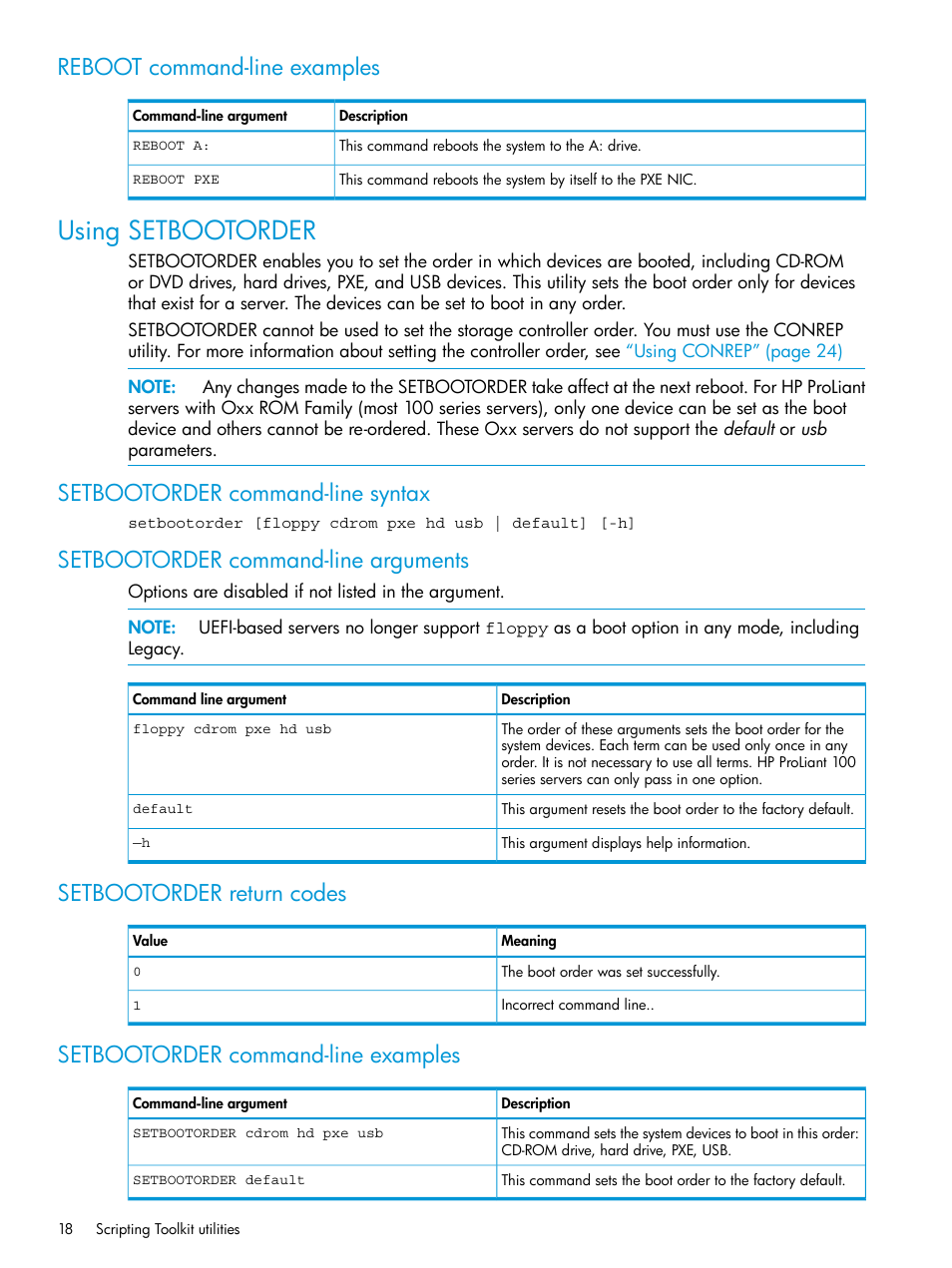 Reboot command-line examples, Using setbootorder, Setbootorder command-line syntax | Setbootorder command-line arguments, Setbootorder return codes, Setbootorder command-line examples | HP Scripting Toolkit for Windows 9.60 User Manual | Page 18 / 62