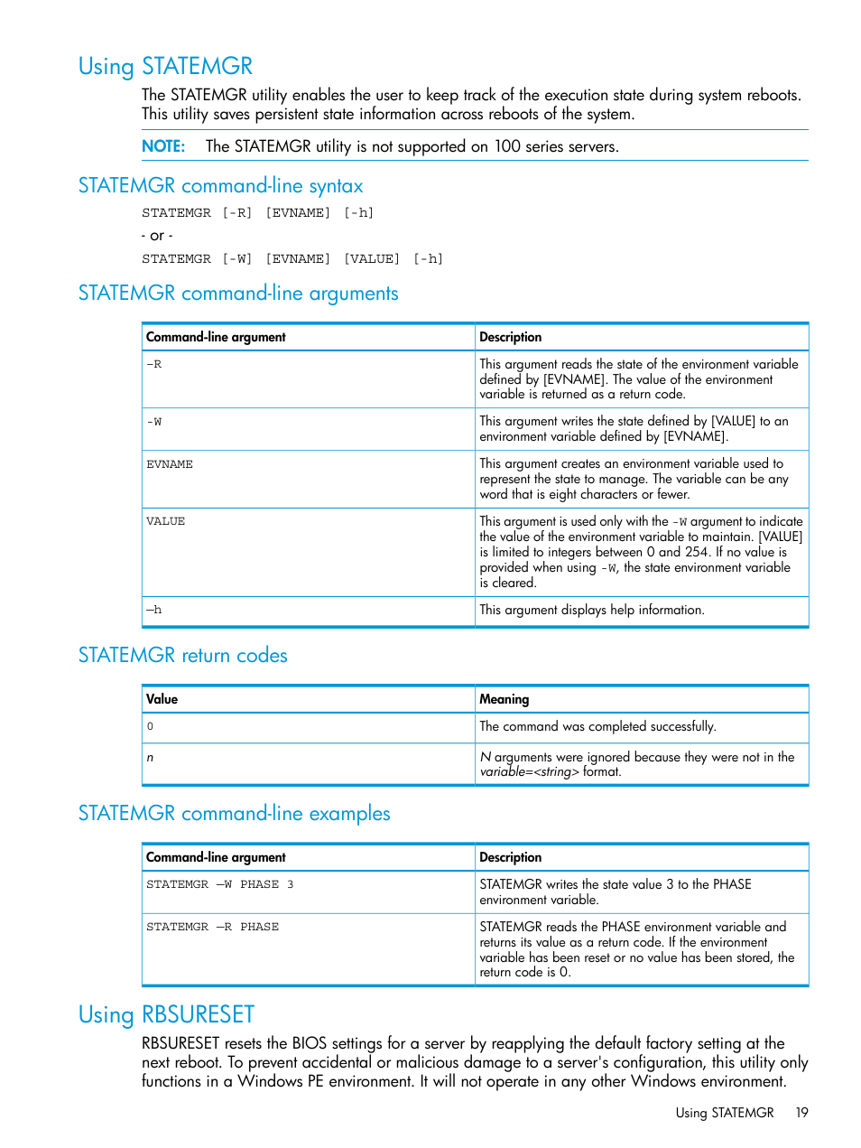 Using statemgr, Statemgr command-line syntax, Statemgr command-line arguments | Statemgr return codes, Statemgr command-line examples, Using rbsureset | HP Scripting Toolkit for Windows 9.60 User Manual | Page 19 / 62