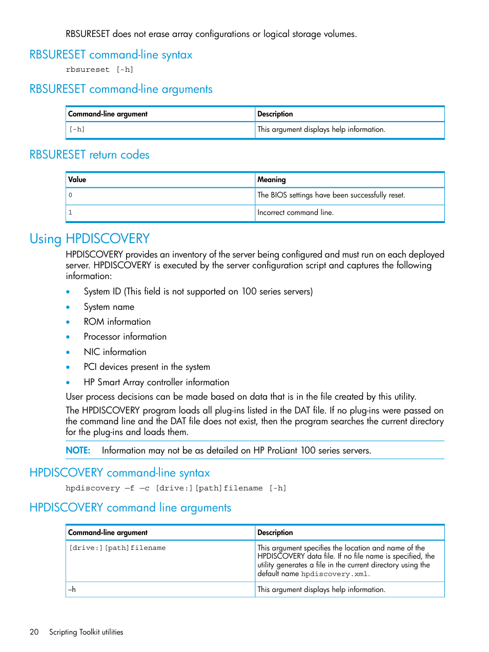 Rbsureset command-line syntax, Rbsureset command-line arguments, Rbsureset return codes | Using hpdiscovery, Hpdiscovery command-line syntax, Hpdiscovery command line arguments | HP Scripting Toolkit for Windows 9.60 User Manual | Page 20 / 62