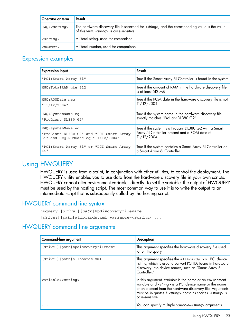 Expression examples, Using hwquery, Hwquery command-line syntax | Hwquery command line arguments | HP Scripting Toolkit for Windows 9.60 User Manual | Page 23 / 62