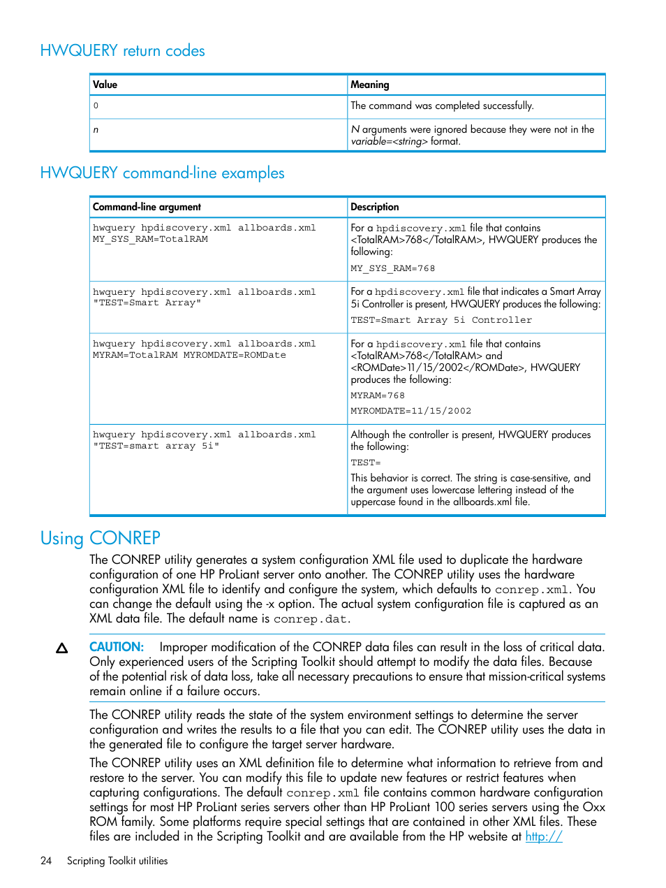 Hwquery return codes, Hwquery command-line examples, Using conrep | Hwquery return codes hwquery command-line examples | HP Scripting Toolkit for Windows 9.60 User Manual | Page 24 / 62