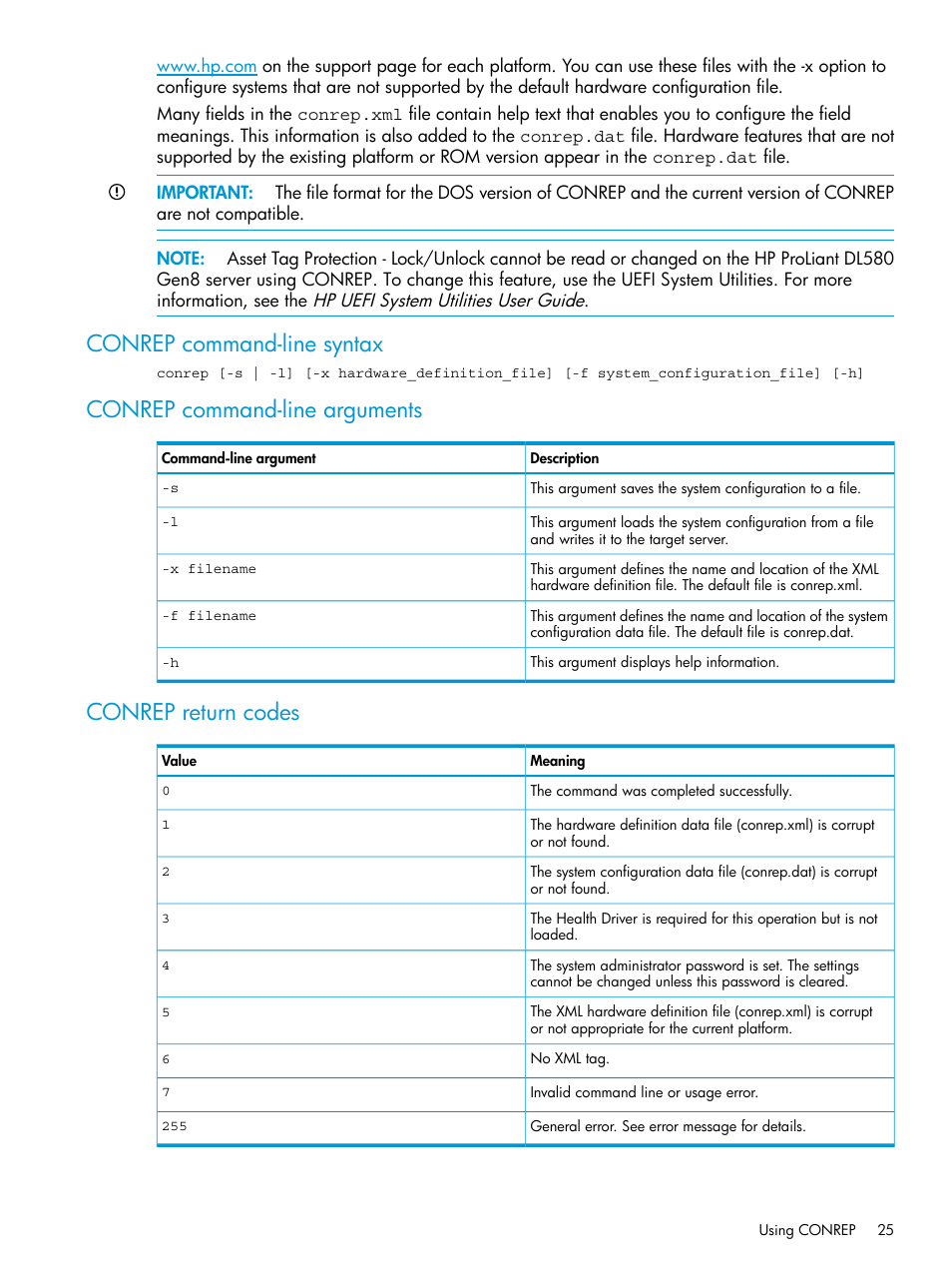 Conrep command-line syntax, Conrep command-line arguments, Conrep return codes | HP Scripting Toolkit for Windows 9.60 User Manual | Page 25 / 62