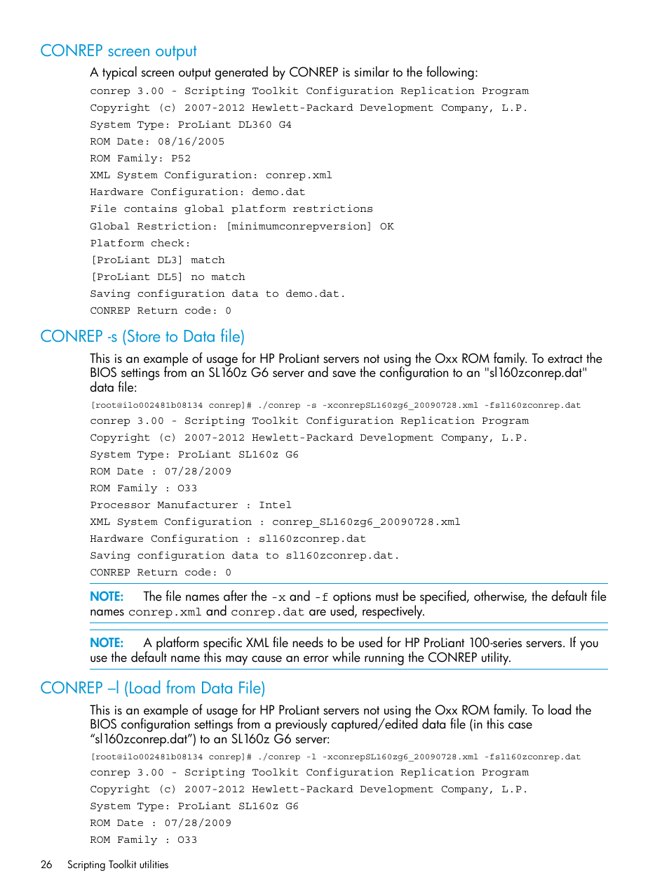 Conrep screen output, Conrep -s (store to data file), Conrep –l (load from data file) | HP Scripting Toolkit for Windows 9.60 User Manual | Page 26 / 62