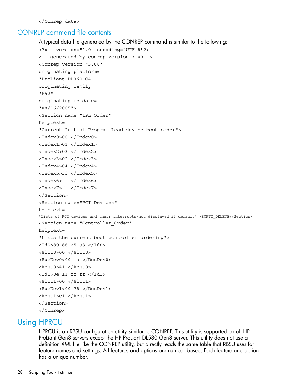 Conrep command file contents, Using hprcu | HP Scripting Toolkit for Windows 9.60 User Manual | Page 28 / 62