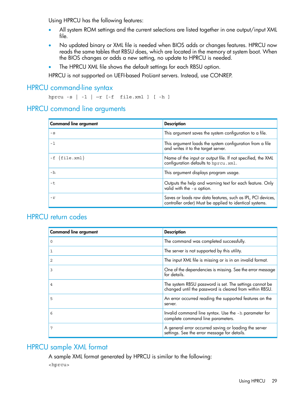 Hprcu command-line syntax, Hprcu command line arguments, Hprcu return codes | Hprcu sample xml format | HP Scripting Toolkit for Windows 9.60 User Manual | Page 29 / 62