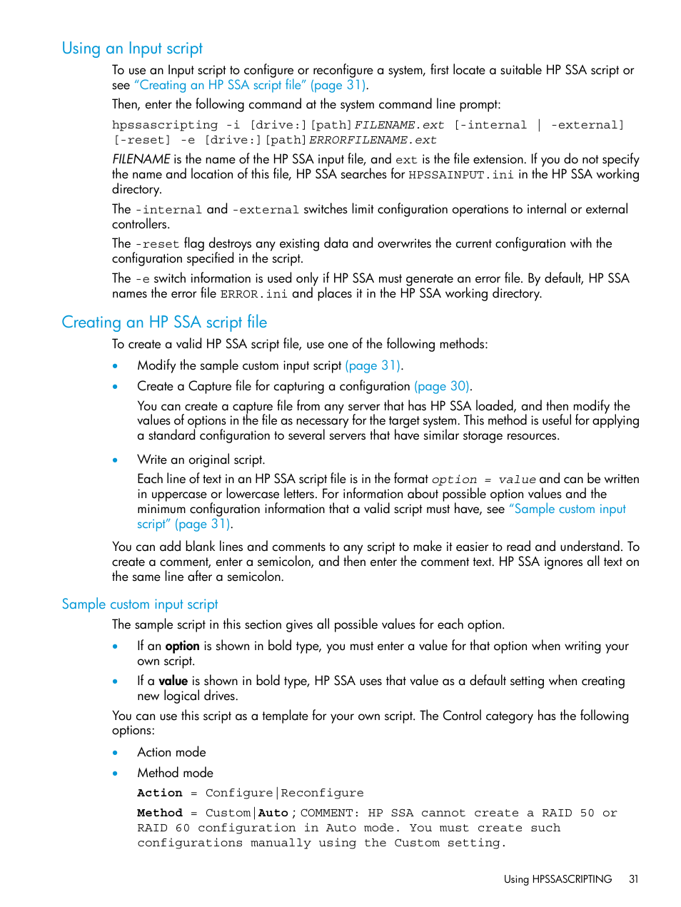 Using an input script, Creating an hp ssa script file, Sample custom input script | Creating an hp | HP Scripting Toolkit for Windows 9.60 User Manual | Page 31 / 62