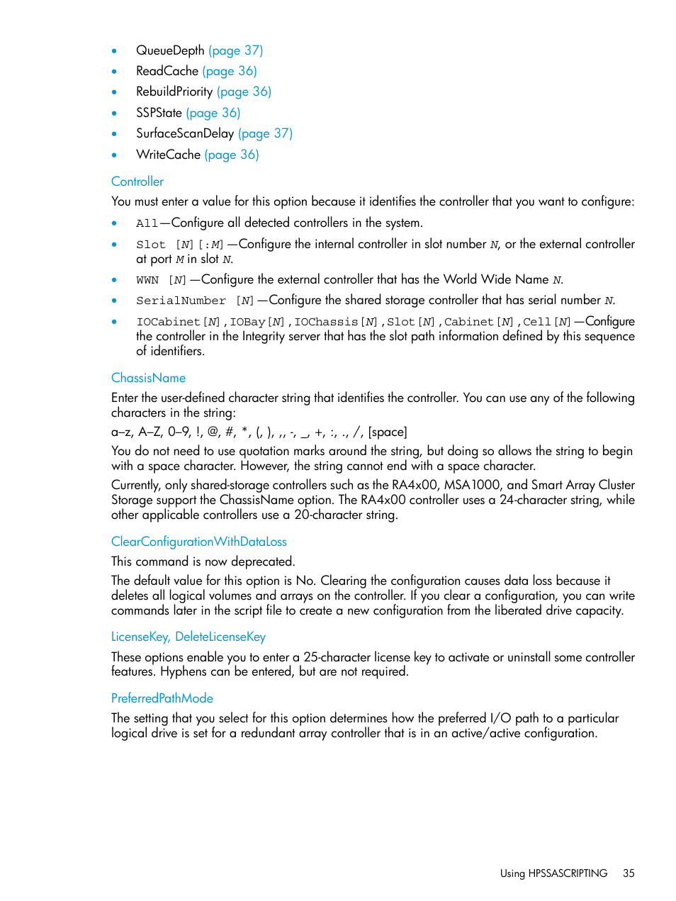 Controller, Chassisname, Clearconfigurationwithdataloss | Licensekey, deletelicensekey, Preferredpathmode | HP Scripting Toolkit for Windows 9.60 User Manual | Page 35 / 62