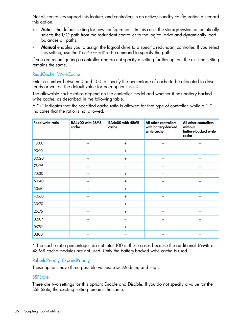 Readcache, writecache, Rebuildpriority, expandpriority, Sspstate | HP Scripting Toolkit for Windows 9.60 User Manual | Page 36 / 62